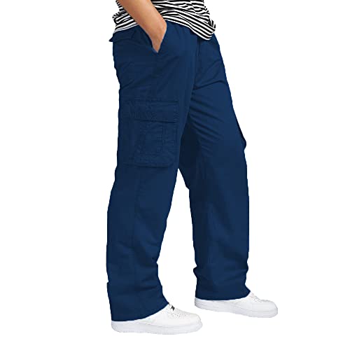 Image of REOUTLOOK Men's Regular‑Fit Cotton Cargo Pants - Elastic Drawstring Waist, 5 Pockets, Breathable Everyday Casual Trousers