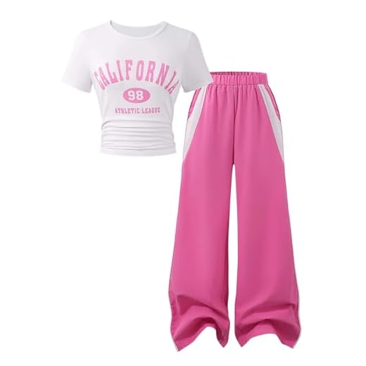 Vuncio Ensemble Enfant Fille Ete a la Mode Pantalon Et Tee Shirt Manche Courte Ado Fille Chic Et élégant Légère Fluide Baggy Vacances Décontracté Fête 7-12 ans (11-12 ans, Rose)