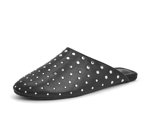 LUCKY STEP Women's Rivet Mules Flats Closed Toe Leather Fashion Slippers Sparkly Comfortable Backless Slip on Slides(7 M US Black)