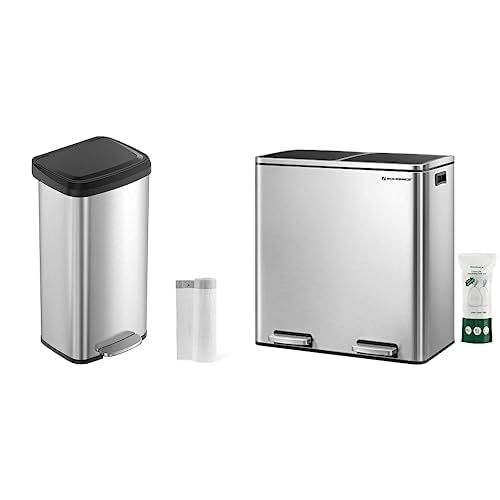 SONGMICS 18-Gallon Kitchen Trash Can with Stay-Open Lid and Step-on Pedal, Large and Space-Saving ULTB520E68 & 2 x 8-Gallon Garbage Can for Kitchen, 15 Trash Bags, 2 Compartments, Silver ULTB60NL