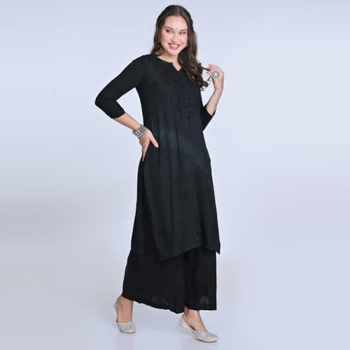 Image of Women's Lucknowi Chikankari Hand-Embroidered Rayon Dyed Kurta, Palazzo & Dupatta 3-Piece Set | Festive, Ethnic & Casual Suit