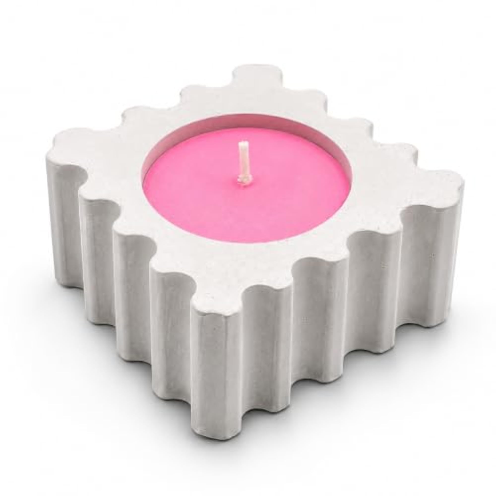 Square Sculptural Pink Wax Candle, Wavy Fluted Design