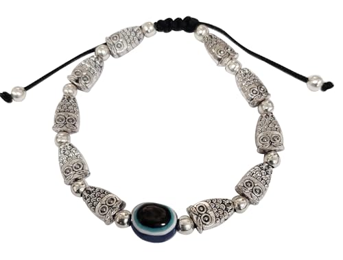 Image of Touchstone New Indian Bollywood Handcrafted Blue Evil Eye Engraved Owl Motif Metallic Beads Fabulous Style Designer Jewelry Adjustable Thread Bracelet in Oxidized Silver Tone for Women