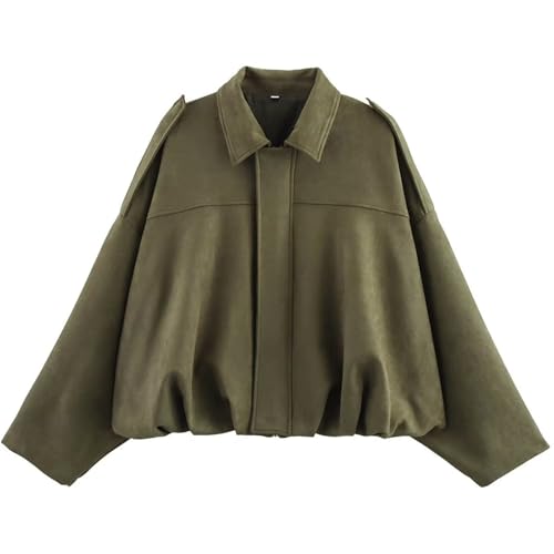 Women's Faux Suede Bomber Jacket Oversized Pilot Coats Fall Lapel Zip Up Motorcycle Streetwear Outerwear