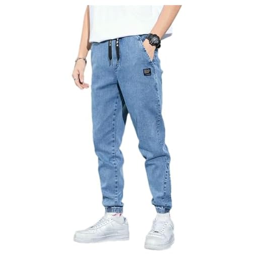 Calça jeans masculina Four Seasons com bordado com texto de cintura elástica Harlan cargo calça jeans masculina, Azul, P