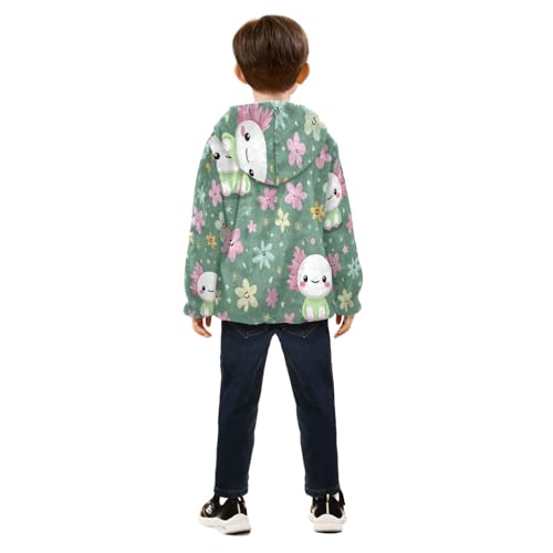 Floral Axolotl on Green Toddler Fleece Jacket Girl Boys Hooded Fleece Jacket Coat Warm Outwear Zip-up 3-10T4