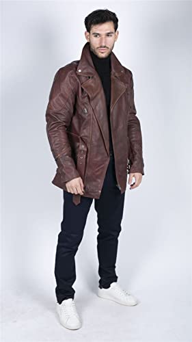 Veste en Cuir Noir pour Homme Moto avec Fermeture éclair Diagonale avec Protections CE - Marron XL – vue 3