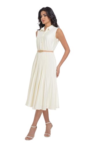 Image of Elegant Satin Midi Dress for Women Slim Long Belted Formal Business Work Casual Dresses