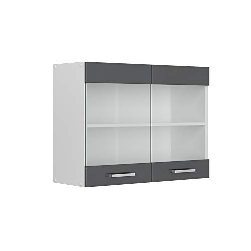 Vicco Hängeschrank R-Line, Anthrazit Hochglanz/Weiß, 80 cm mit Glastüren