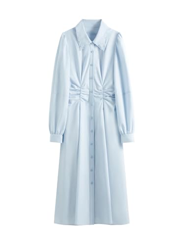 Solid Color Pleated Waist Shirt Dress Lapel Long Sleeve Women's Casual Dress