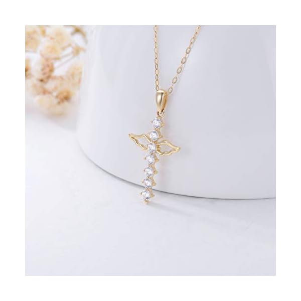 SISGEM 14K Real Gold Cross Necklace for Women,Yellow Gold Angel Wings Cross Pendant Necklaces with 5A Cubic Zirconia,Religious Jewelry Anniversary Birthday Gifts for Wife Mom,16''-18'' - Image 4