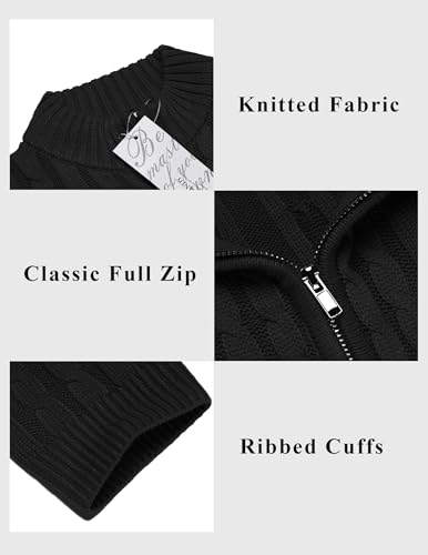 Coofandy Men'S Full Zip Cardigan Sweater Slim Fit Cotton Cable Knitted Zip Up Sweater With Pockets Black thumb #4