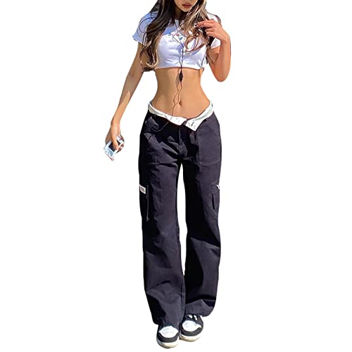 Himllauen Damen Cargohose Y2K Vintage Einfarbig Hose mit Taschen Fashion...