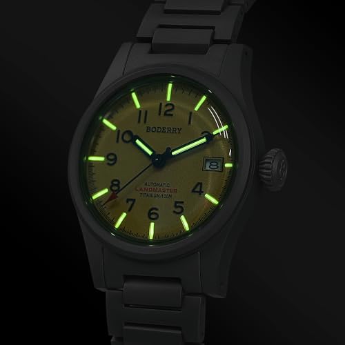BODERRY Men's Watch Titanium Automatic Field Watch 38mm Military Watch Day Date Function 100M Waterproof with Nylon Strap Japanese NH35 Mechanical Movement & Screw Down Crown—LANDMASTER