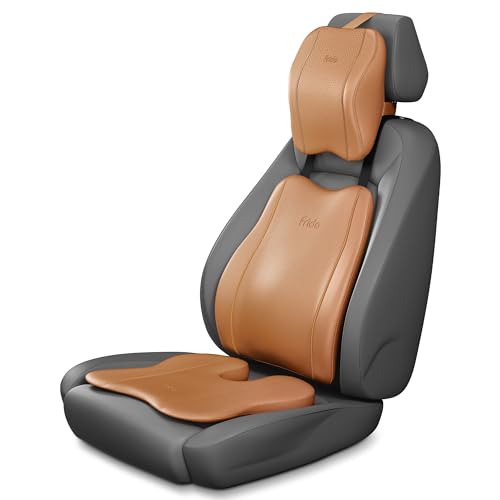 Image of Frido Premium Car Comfort Bundle with Memory Foam Neck Rest, Lumbar Backrest and Wedge Seat Cushion Set of 3, Ergonomic Neck Back and Tailbone Support for Long Drives and Daily Commutes | Tan
