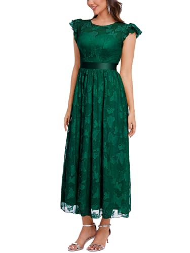 Image of Women's Casual Tulle Midi Dress Ruffle Sleeve Crewneck Lace Flowy Dresses Party Wedding Guest Sundress