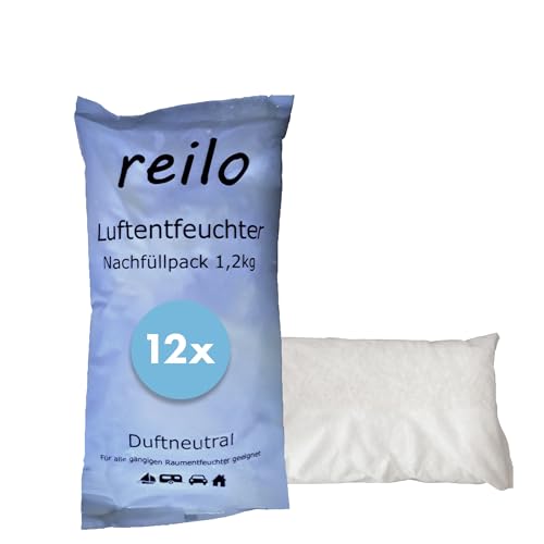 reilo 12x 1,2kg Luftentfeuchter Granulat (Calciumchlorid), Raumluftentfeuchter im Vliesbeutel, Nachfüllpacks für Entfeuchterboxen ab 1,2kg, Lufttrockner für Wohnräume, Schlafzimmer, Keller