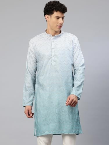 Image of Luxrio Men's Ombre Shaded Sequence Self Embroidered Textured Long Kurta Full Sleeves - Casual Ethnic Wear