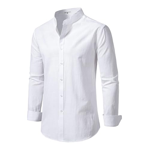 Mens Linen Band Collar Beach Shirts Casual Button Down Solid Plain Long Sleeve Hawaiian Shirts2