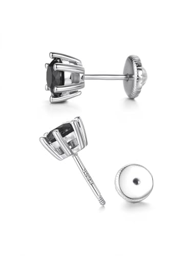 Pendientes de plata de ley 925 con circonita negra y cierre de rosca Para mujer, hombre y niña (Plateado, 7mm)