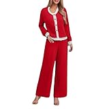 Set pigiama a coste per le donne pullover scollo a V manica lunga indumenti da notte abbinati comodi pantaloni lunghi abiti da donna set pigiama setoso, Rosso, L