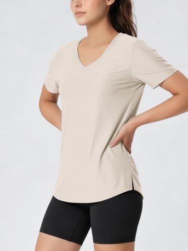 Image of ODODOS Women's Short Sleeve Performance V-Neck Tunic Tops, Ultra Soft odSTRATUM Tech Tee, Side Slit Relaxed T-Shirts