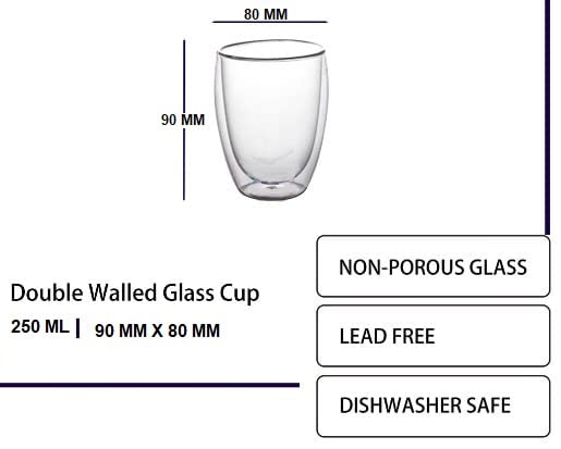 Image of IndusBay 250 ML Borosilicate Glass Double Wall Tumbler Mug Cup Insulated Glass for Hot Cold Juice Whisky Milk, 3 Piece