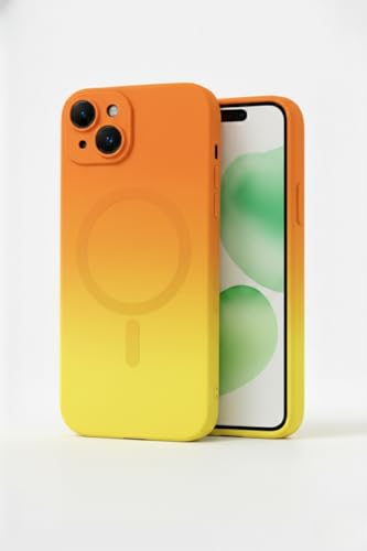 Image of amazon basics Gradient Mag-Safe Case for iPhone 15 | Soft Silicone Shockproof Cover with Camera Protection | Slim Lightweight Design | Smooth Touch & Durable - Orange & Yellow
