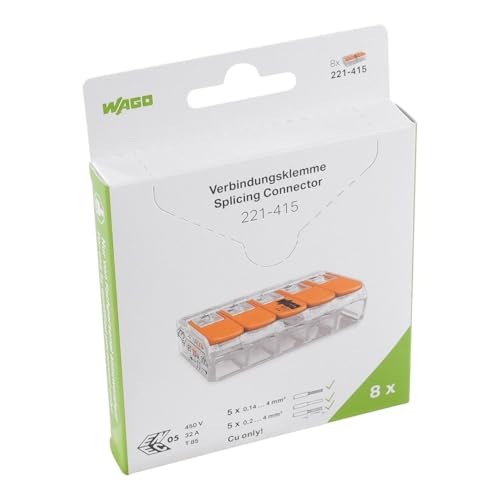 Image of WAGO 221-415 | Pack of 8 | 5-Conductor Compact | Quick & Safe Electrical Wire Connector for Solid, Stranded & Flexible Wires | Transparent Housing