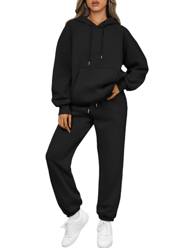 Trendy Queen Sweatsuits Women 2 Piece Outfits Lounge Two Piece Sets 2025 Fall Fashion Clothes Oversized Sweatshirts and Sweatpants Pullover Hoodies Tracksuits Clothing with Pockets Black S