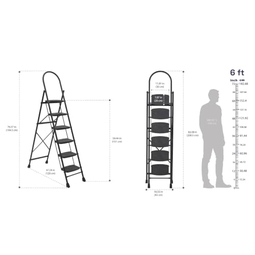 Image of Wakefit Premium 6 Step Foldable Ladder | Wide Anti-Skid Steps | Strong Alloy Steel with X-Support for More Stability | Supports Up to 150 kg |Rust Resistant| Heavy Duty Portable Ladder | Ascenta Black