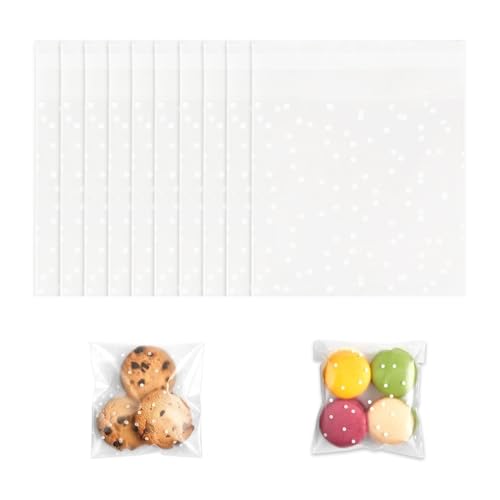 Siliget 100Pcs Cellophane Bags - 10 x 10 cm Self Adhesive Small Plastic Packaging Bags with White Dot Clear Frosted Plastic Package for Sweet Cookie Chocolates Biscuit Candy