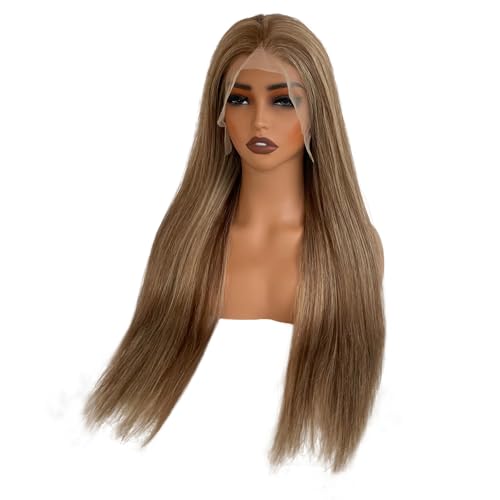 Image of Munx 13x6 Highlight Brown and Blonde Human Hair Wigs, HD Transparent Balayage Blonde Lace Front Wig Pre Plucked with Baby Hair for Women Bleached Knots 180% Density 20 inch Color #6T6P18, Can Be Restyled
