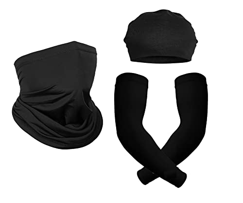 Image of PrimeBox Biker Daily Accessories Cotton Reusable Face Mask Head Cap and Arm sleeves Gloves Combo Anti Dust UV Ray Pollution Pack of 3 Black Color