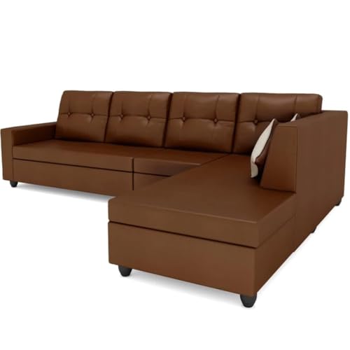 Image of FURNY - Nathanie 6 Seater Leatherette RHS L Shape Sofa Set (Brown) | Durable Comfort | Modern Design | Ideal for Living Room