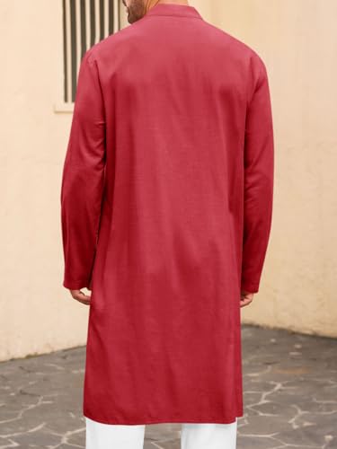 Runcati Mens Kaftan Thobe Button Down Long Sleeve Robe Casual Henley Shirt Cotton Muslim Gown Kurta Tops3