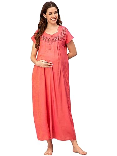 CEE 18 Women’s Cotton Rayon A-Line Maternity Feeding Long Nighty Solid Color Night Gown with Concealed Zipper for Nursing (L, Cherry Pitch)