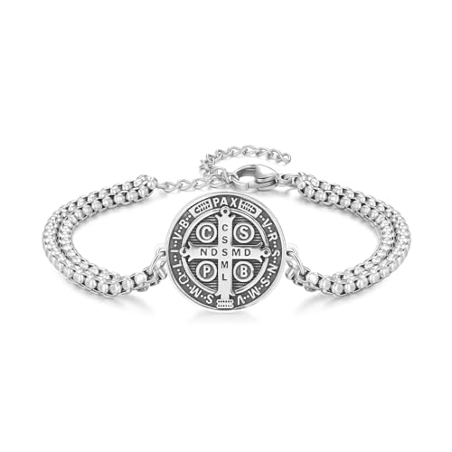 925 Sterling Silver Patron Saint Medal Bracelet with Stainless Steel Double Chain 7