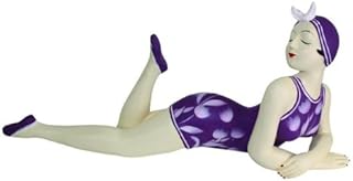 MY SWANKY HOME Retro Bathing Beauty Lying Figurine Statue | Swim Suit Woman Purple White Floral