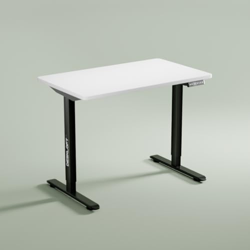Image of Height Adjustable Electric Standing Desk | Ergonomic Sit Stand Workstation with Walnut Wood Grain Desktop | Motorized Computer Desk for Home Office (Black Frame & White Top, 1200 x 600 mm)