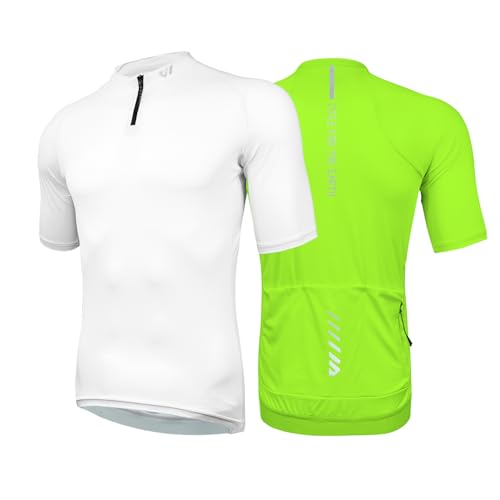 Wulibike Herren-Fahrradtrikot Kurzarm, Rennradtrikot mit halbem Reißverschluss und Taschen, Fahrradbekleidung atmungsaktiv und schnell trocknend 2er-Pack Weiß+Grün L