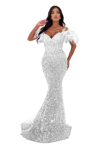 Image of Sequin Feathers Mermaid Prom Dresses 2026 Off Shoulder Sparkly Long Formal Evening Party Gowns with Train