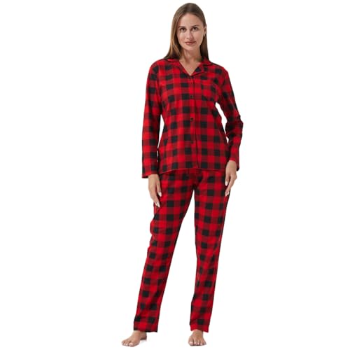 LNFINTDO Schlafanzug Damen Lang Weihnachts Pyjama Set mit Tasche Langarm Kariert Schlafanzüge Damen mit Knöpfen Nachtwäsche Loungewear Sleepwear