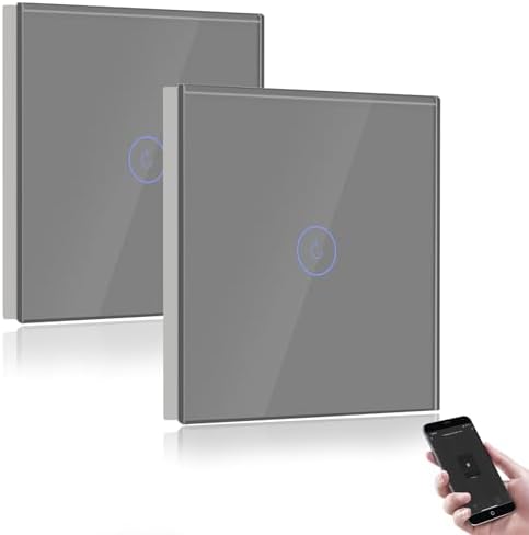BSEED Smart Lichtschalter 1 Fach 2 Wege Wifi Smart Lichtschalter arbeitet mit Amazon Alexa and Google Home,Glas Touchscreen-schalter Grau-2 Pack(Nullleiter erforderlich)