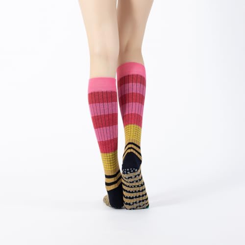 Image of Verdancy Yoga Pilates Socks with Grips for Women Striped Color-Blocked Knee Highs Non Slip Cushioned Over the Calf Socks