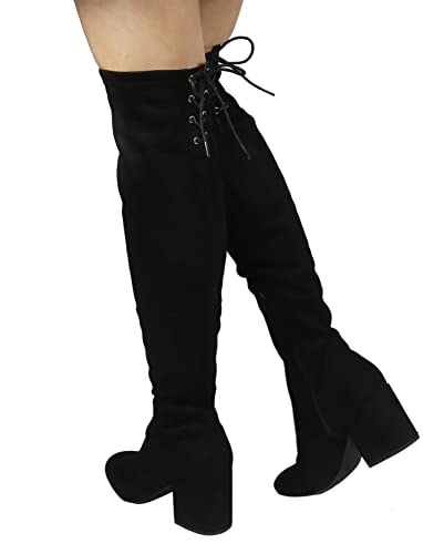 Wild Diva Women's Over The Knee Boot - Sexy Over The Knee High Pullon Boot - Low Chunky Block Heel - Top Lace Boots Black #TOP4