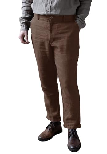Mens Linen Pants Elastic Waist Summer Beach Wedding Straight-Legs Casual Trousers with Pockets