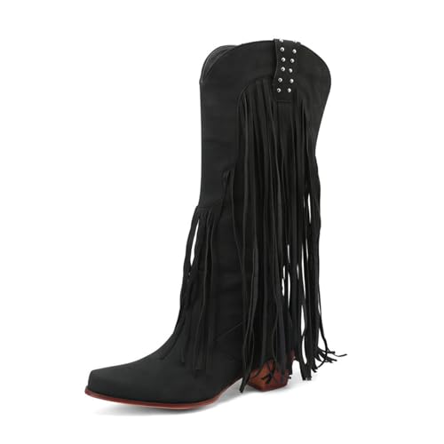 Bottes de cow-boy mi-mollet FGRID en daim à franges pour femme style rétro