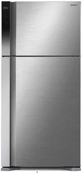 Hitachi R-V725PS7K-1PSV Refrigerator, silver finish, front view.