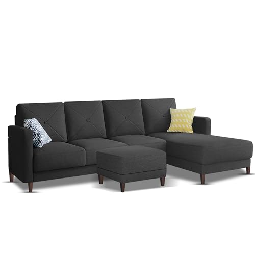 Image of Baloney RHS 6 Seater L Shape Sofa Set with Center Table for Living Room (Black Fabric) Premium Fabric Sofa